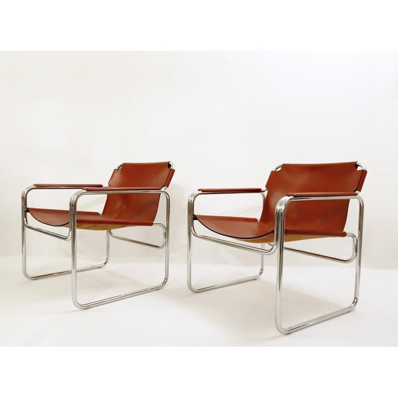 Vintage Jox Interni leather and tubular steel armchairs 1970s