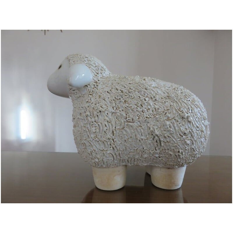 Grande sculpture vintage mouton en céramique blanche 1970