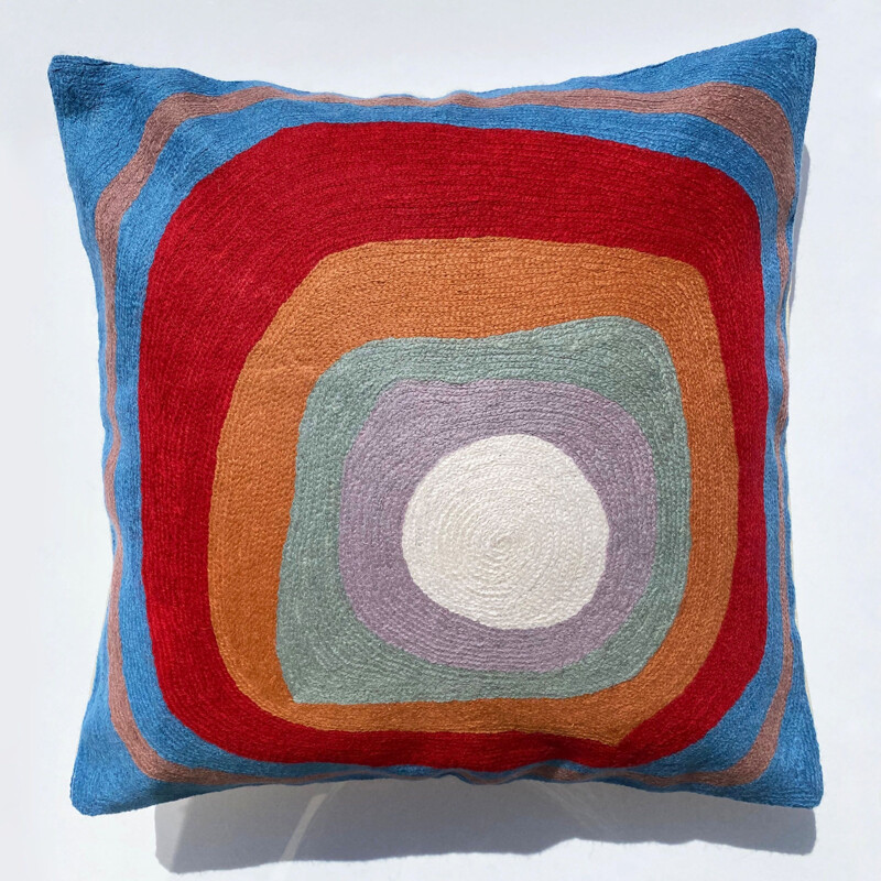 Set of 4 vintage multicolored cushion covers in wool embroidered with abstract patterns