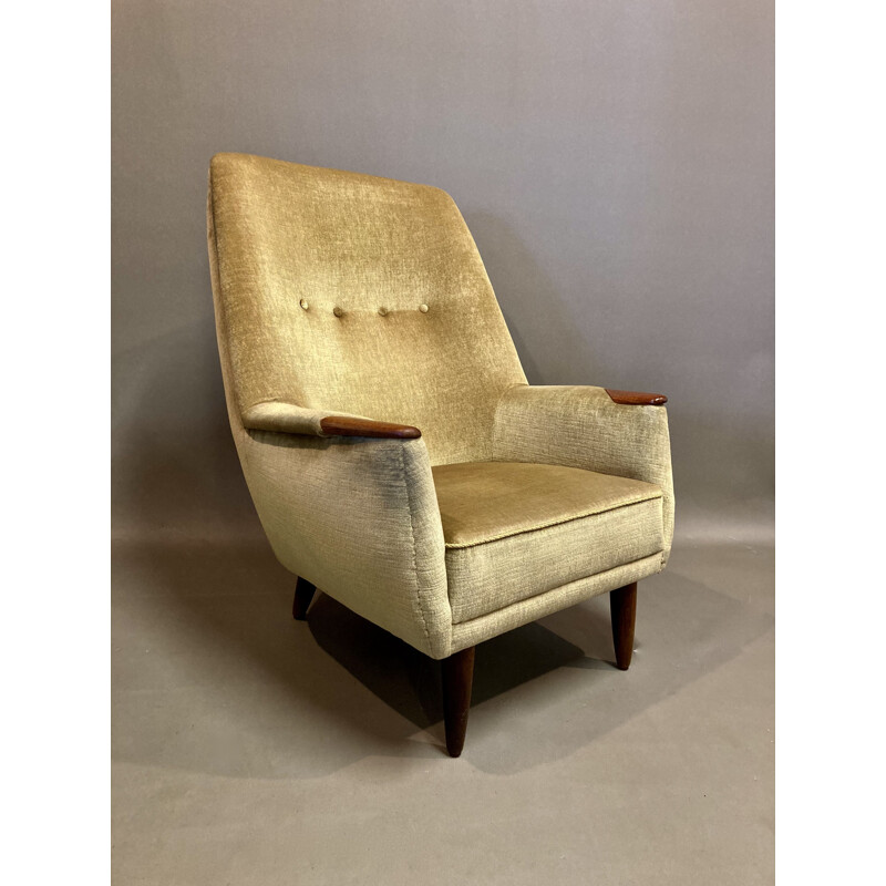 Large vintage teak and velvet armchair, Scandinavian 1950s