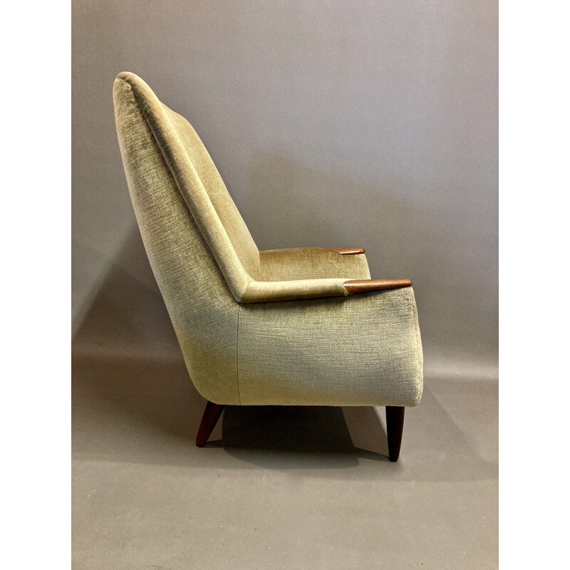 Grande fauteuil vintage en teck et velour, Scandinave 1950