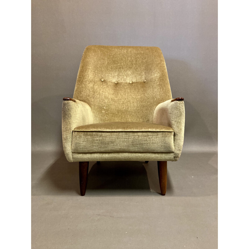 Large vintage teak and velvet armchair, Scandinavian 1950s