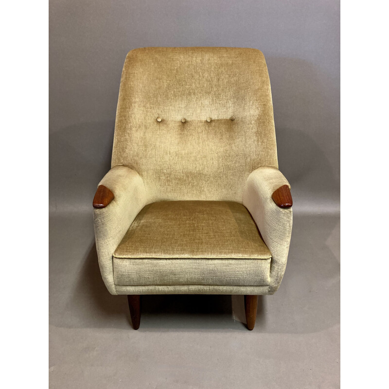 Grande fauteuil vintage en teck et velour, Scandinave 1950