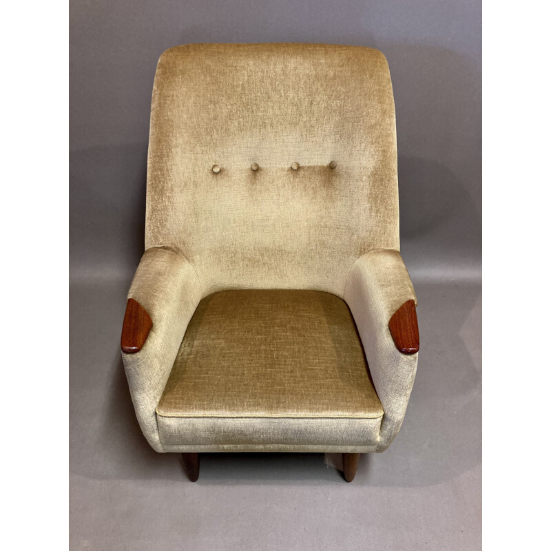 Large vintage teak and velvet armchair, Scandinavian 1950s