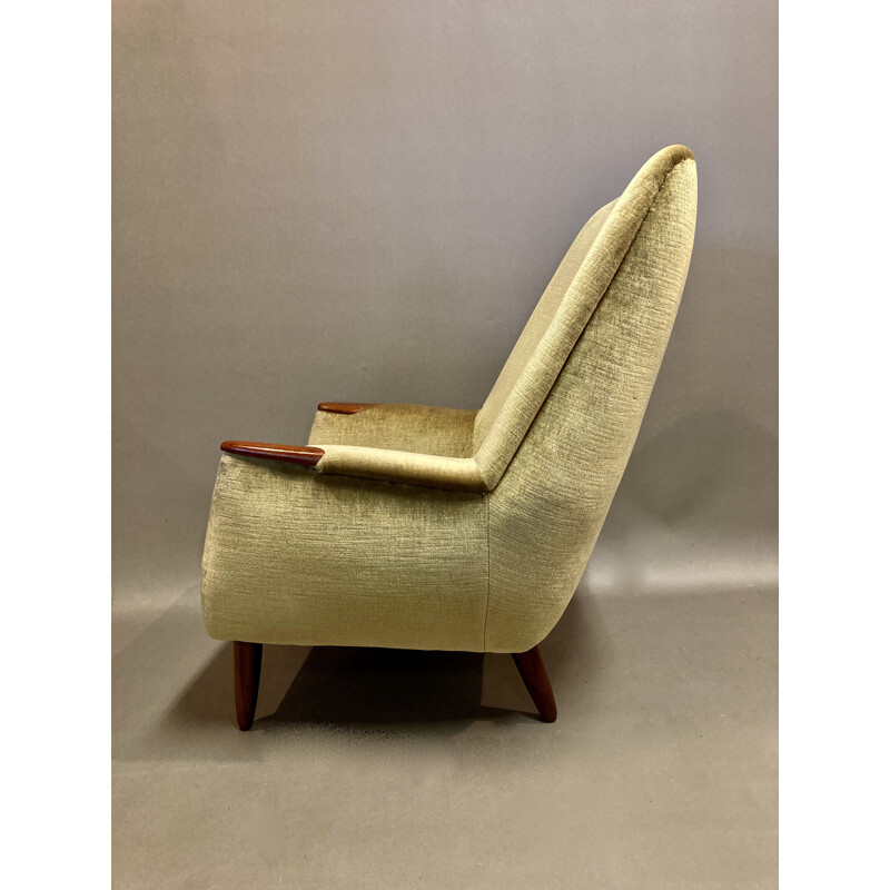 Large vintage teak and velvet armchair, Scandinavian 1950s