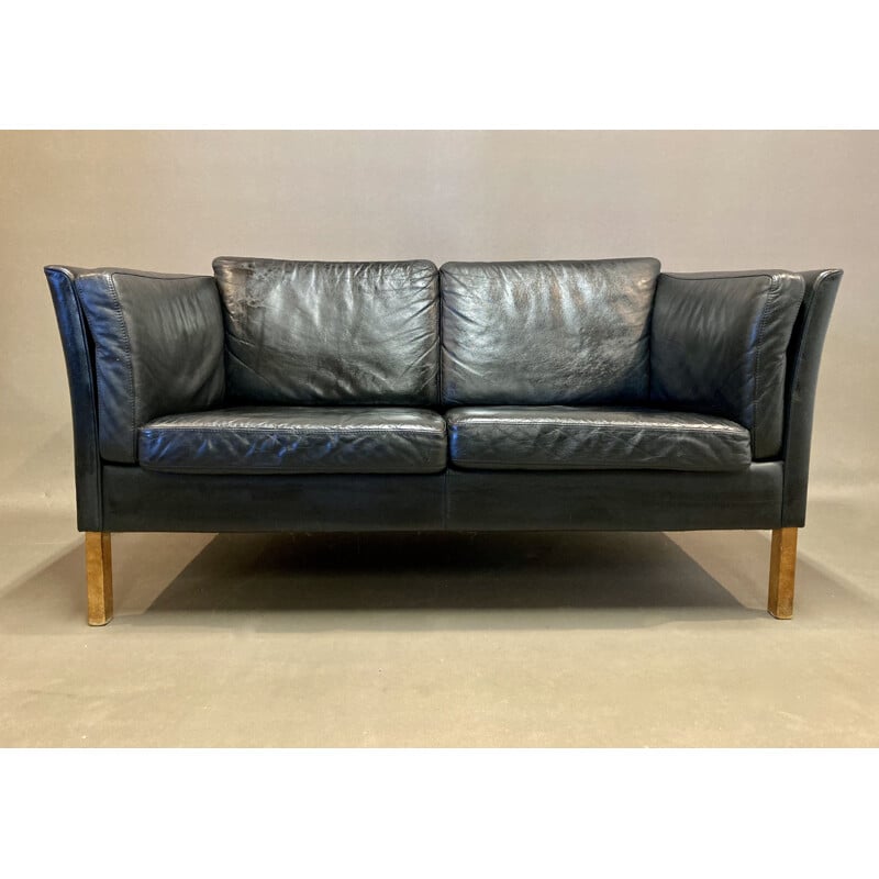Vintage black leather sofa, Scandinavian 1970s