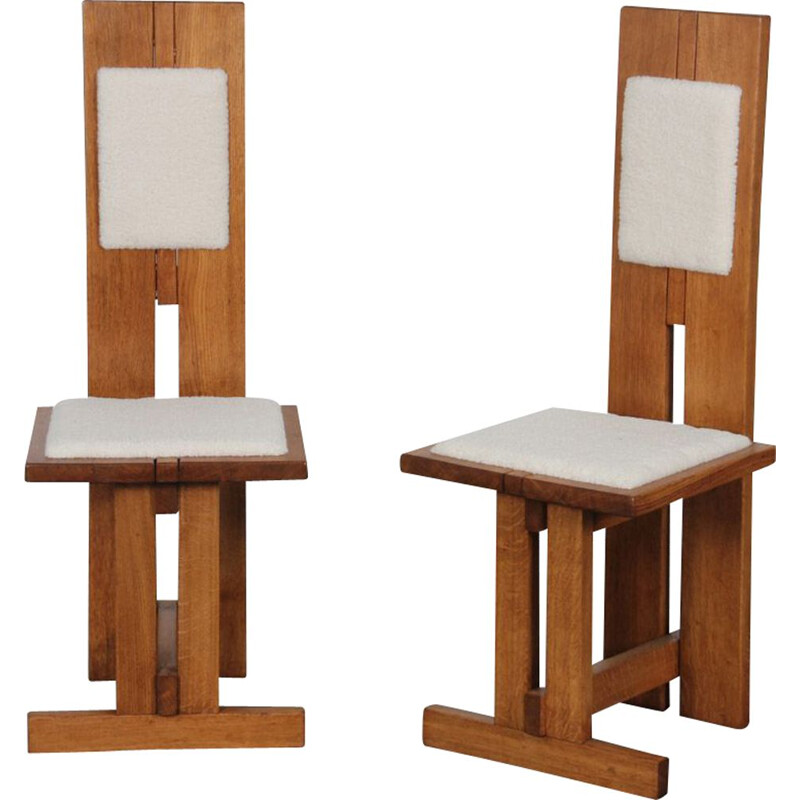 Pair of vintage high chairs in wood and lambskin, Czech 1950s