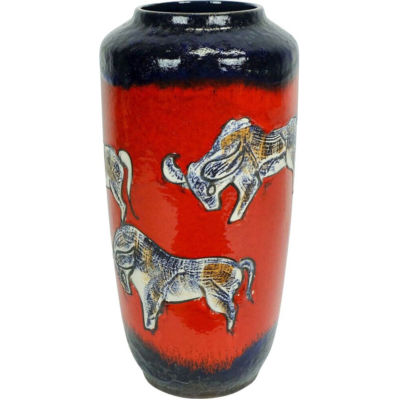 Vintage floorvase model 517-50 red and blue with bull motifs by Scheurich Keramik 1960s