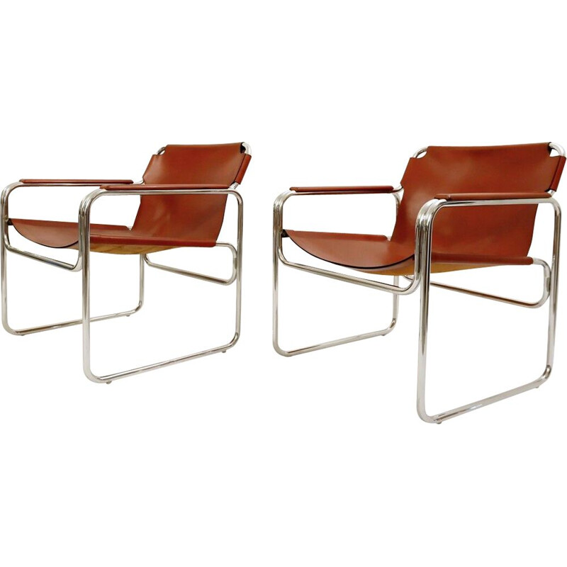 Vintage Jox Interni leather and tubular steel armchairs 1970s