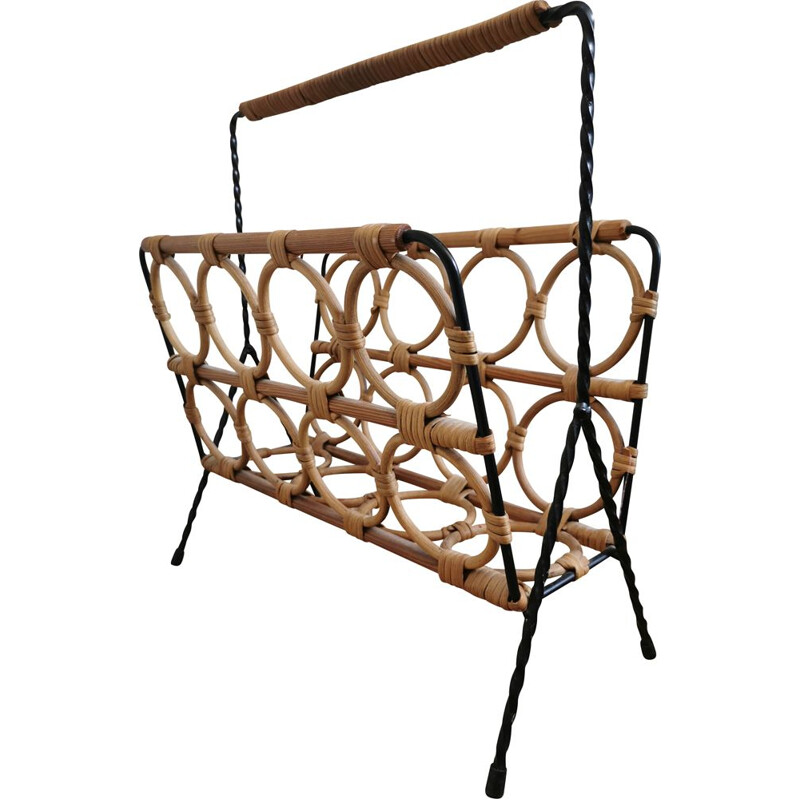 Vintage wrought iron and rattan magazine rack 1970