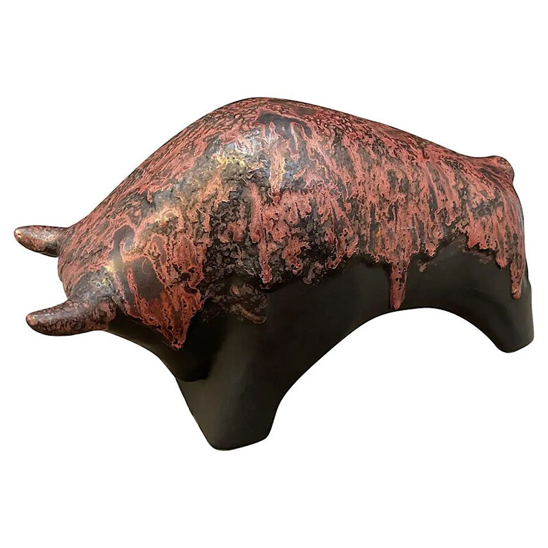 Vintage Modern Red and Black Lava Ceramic Bull by Otto Keramik, Germany 1970s