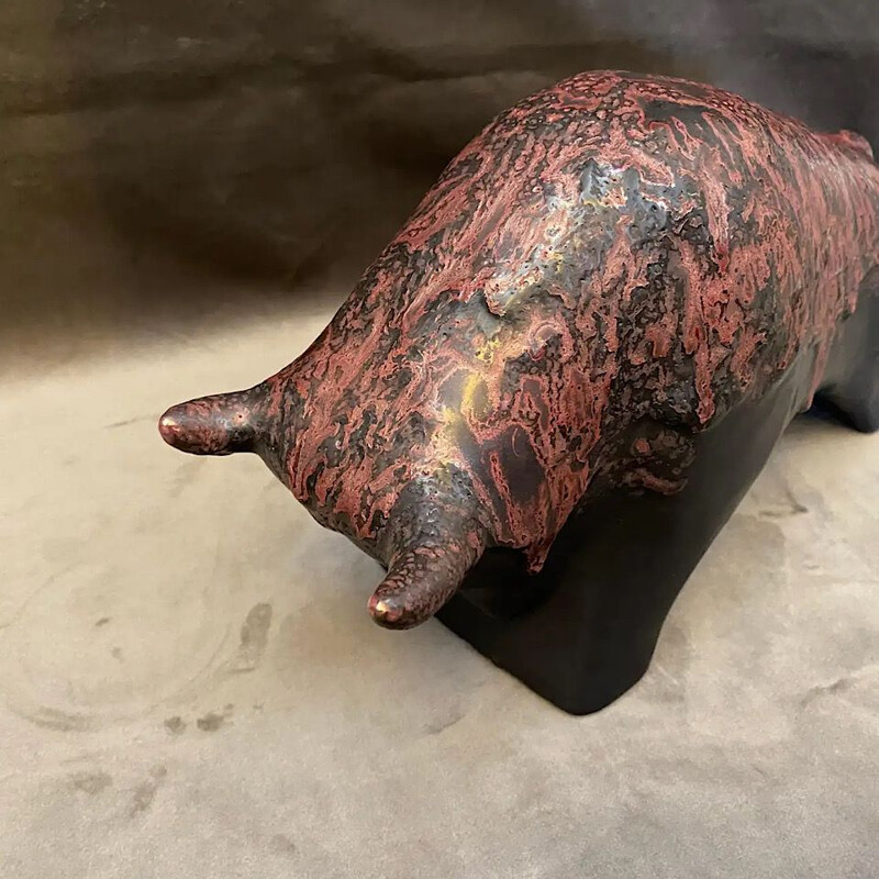 Vintage Modern Red and Black Lava Ceramic Bull by Otto Keramik, Germany 1970s