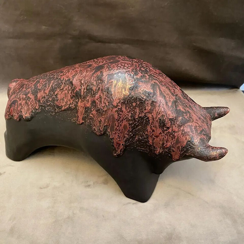 Vintage Modern Red and Black Lava Ceramic Bull by Otto Keramik, Germany 1970s