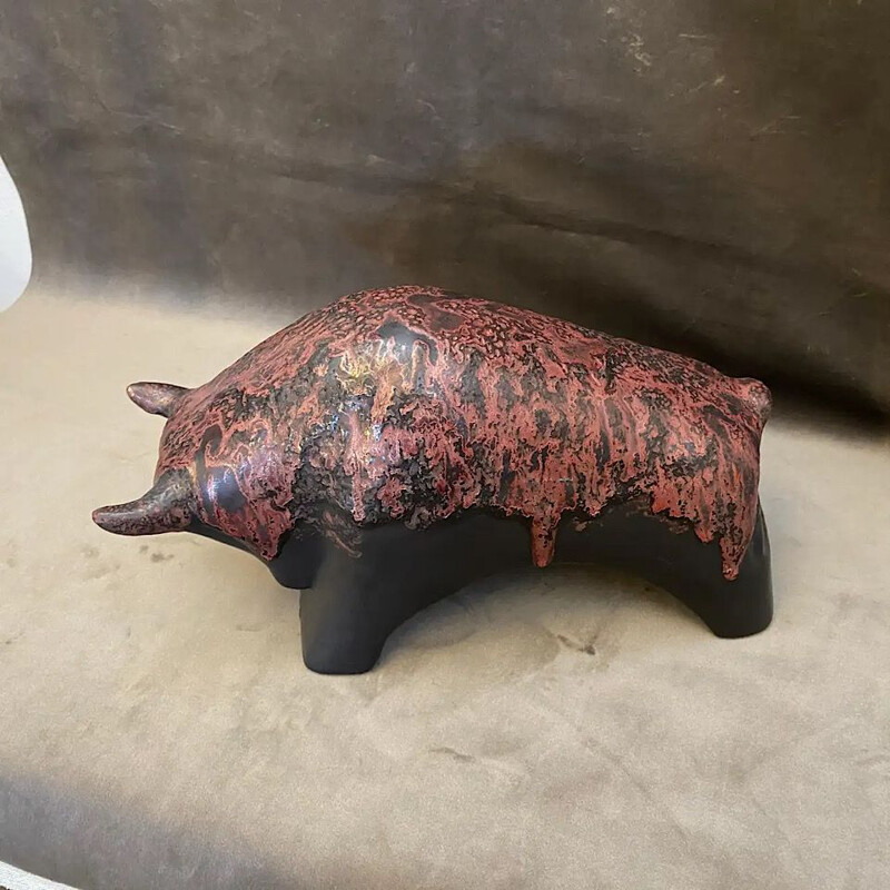 Vintage Modern Red and Black Lava Ceramic Bull by Otto Keramik, Germany 1970s