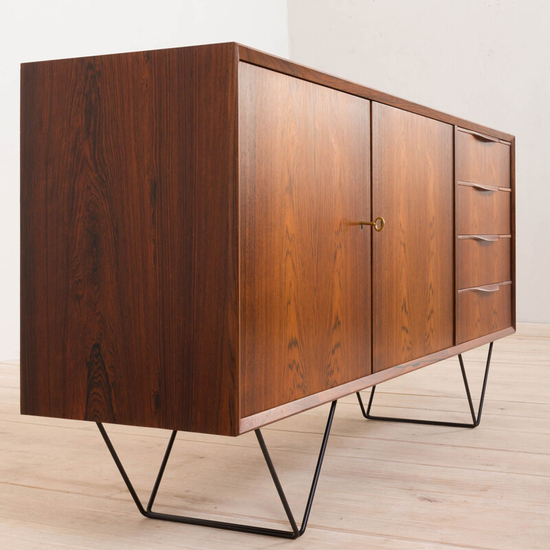  Vintage rosewood sideboard with 4 drawers on right side with black steel legs Skovby, Danish
