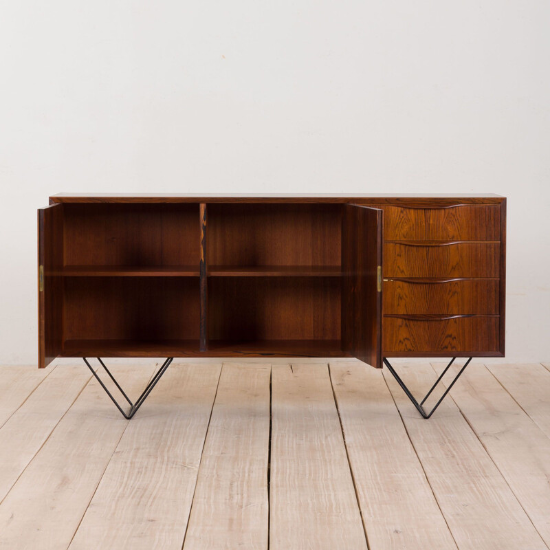  Vintage rosewood sideboard with 4 drawers on right side with black steel legs Skovby, Danish