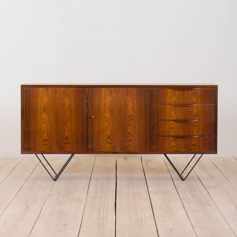  Vintage rosewood sideboard with 4 drawers on right side with black steel legs Skovby, Danish