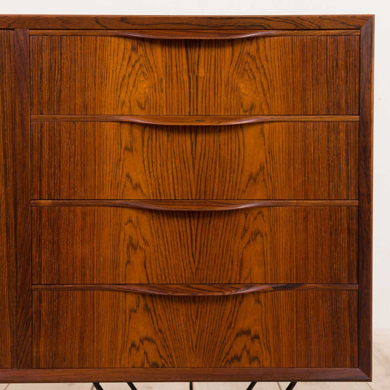  Vintage rosewood sideboard with 4 drawers on right side with black steel legs Skovby, Danish