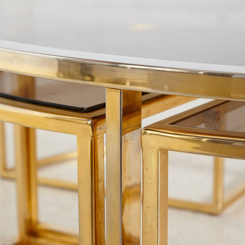 Set of 5 vintage Golden Framed Round Glass Coffee Table and Nesting Tables 1960s