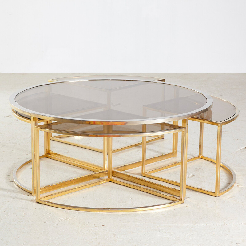 Set of 5 vintage Golden Framed Round Glass Coffee Table and Nesting Tables 1960s
