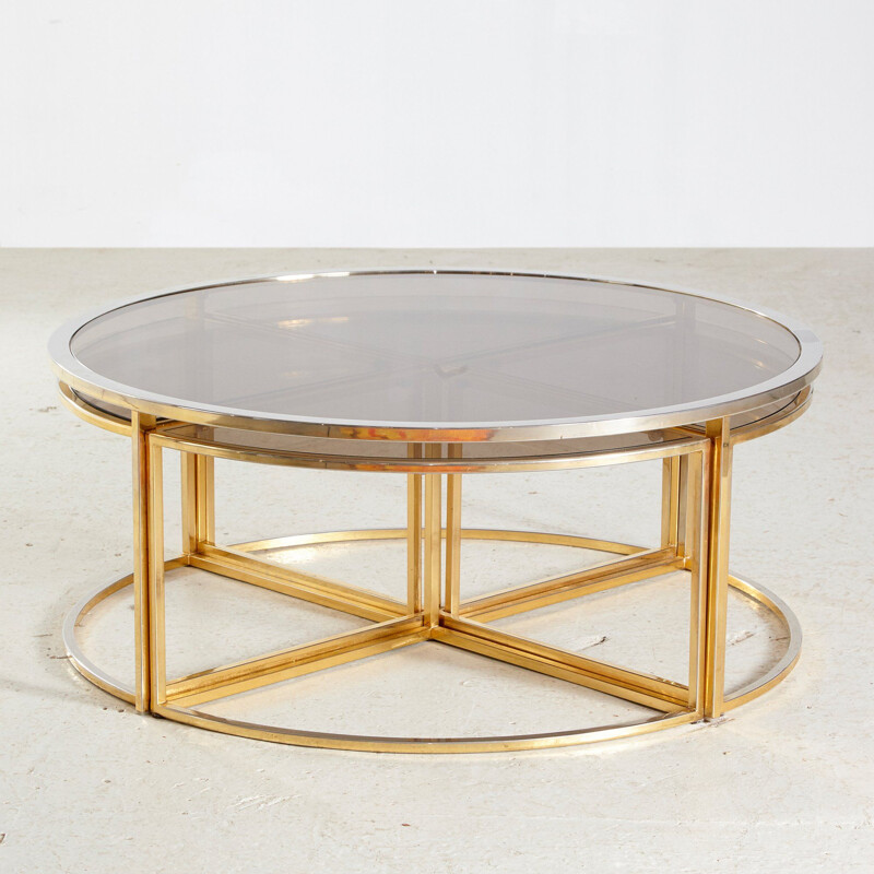 Lot de 5 tables basses et tables gigognes vintage en verre doré encadré 1960