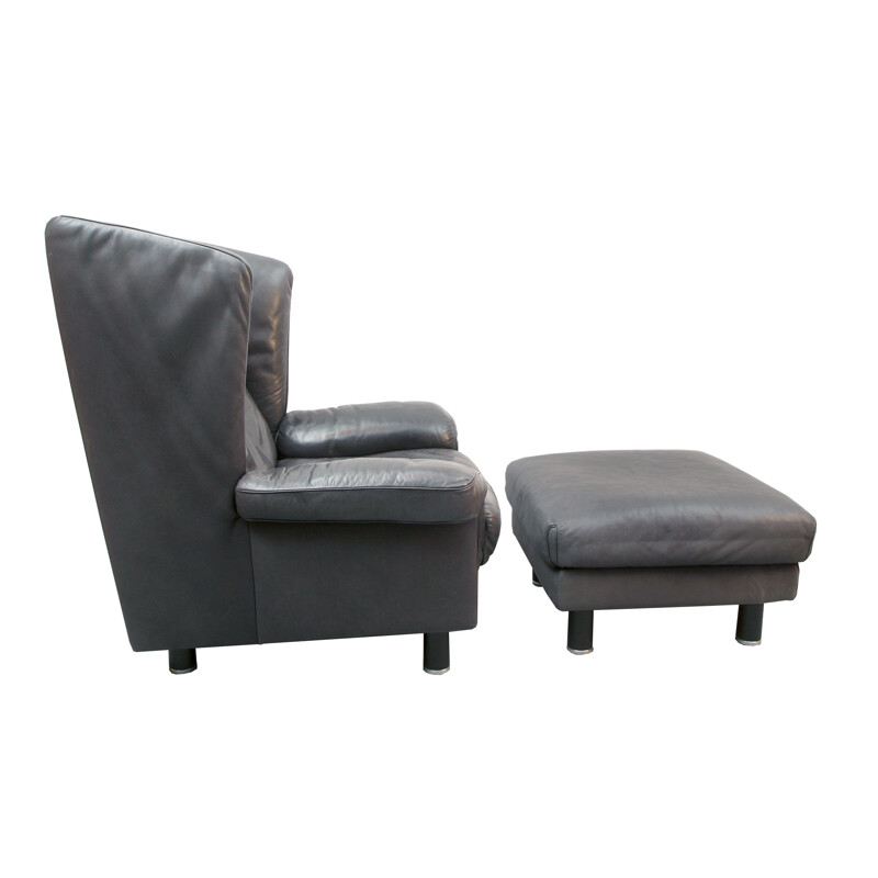 De Sede armchair and footrest in dark grey leather, Franz-Josef SCHULTE - 1970s