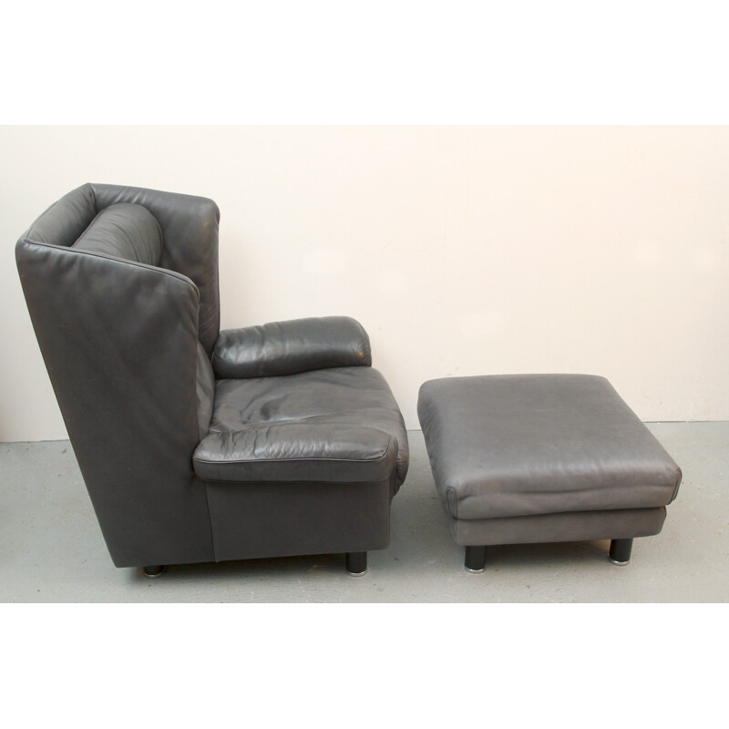 De Sede armchair and footrest in dark grey leather, Franz-Josef SCHULTE - 1970s