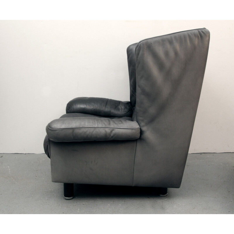 De Sede armchair and footrest in dark grey leather, Franz-Josef SCHULTE - 1970s