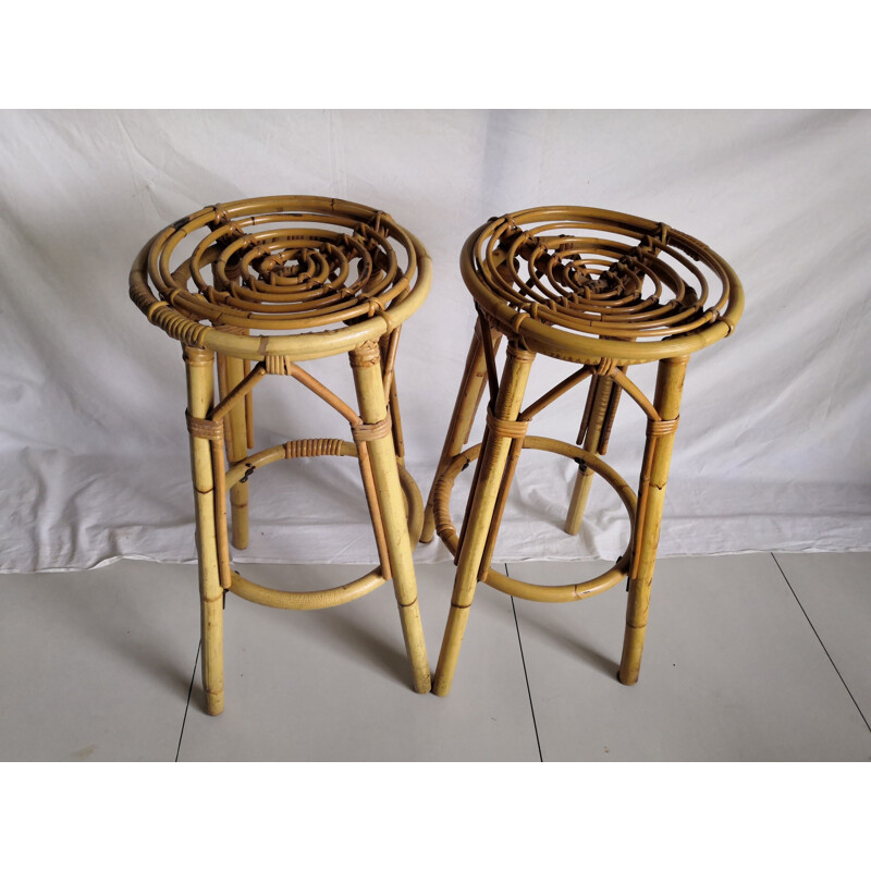 Pair of vintage high bar stools in rattan and bamboo 1960s