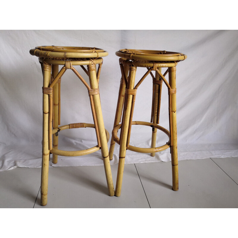 Pair of vintage high bar stools in rattan and bamboo 1960s