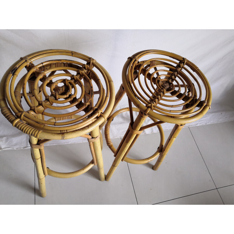 Pair of vintage high bar stools in rattan and bamboo 1960s