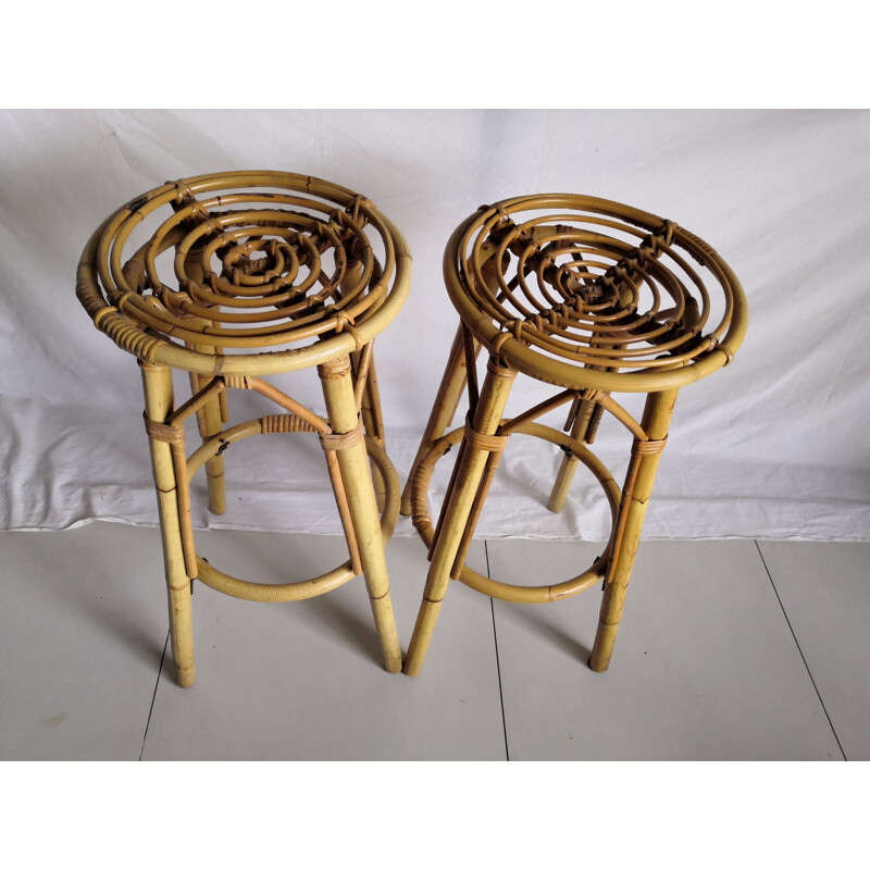 Pair of vintage high bar stools in rattan and bamboo 1960s