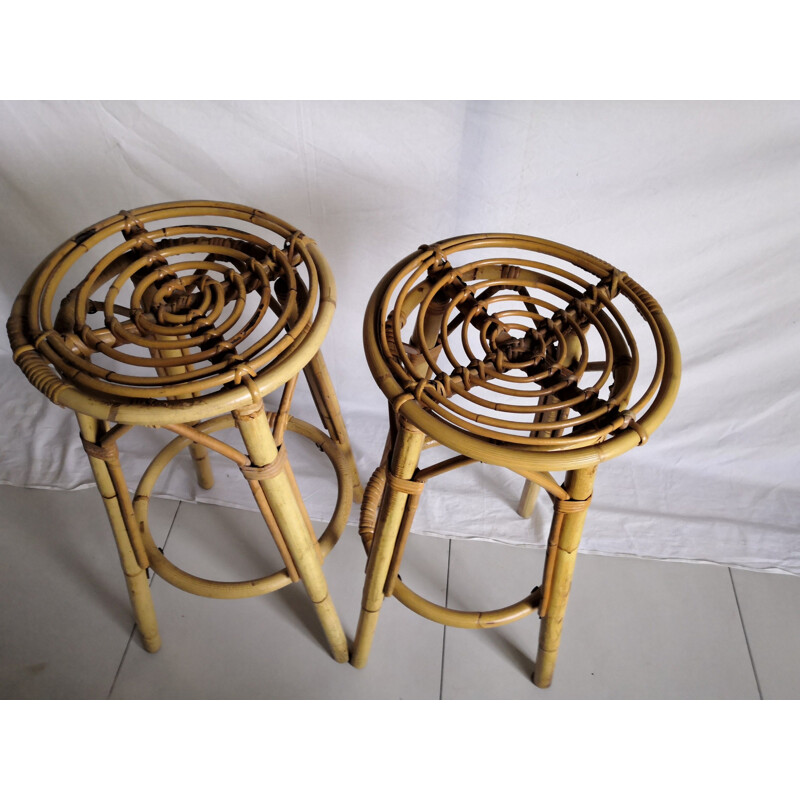 Pair of vintage high bar stools in rattan and bamboo 1960s