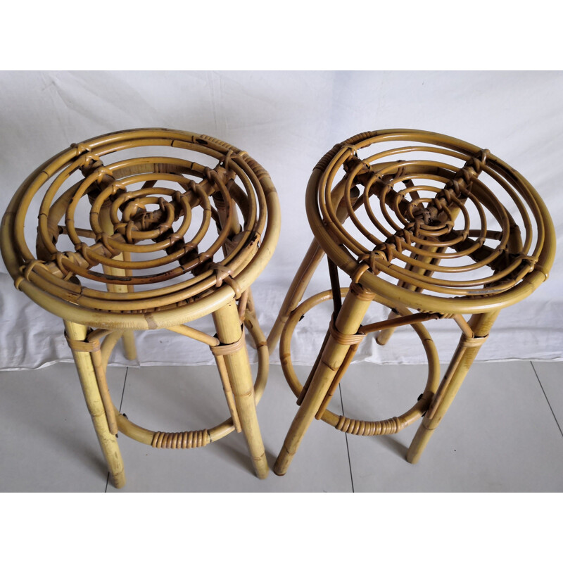 Pair of vintage high bar stools in rattan and bamboo 1960s