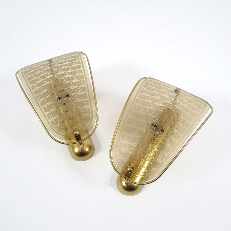 Pair of vintage gilded metal and smoked glass wall lights 1970s