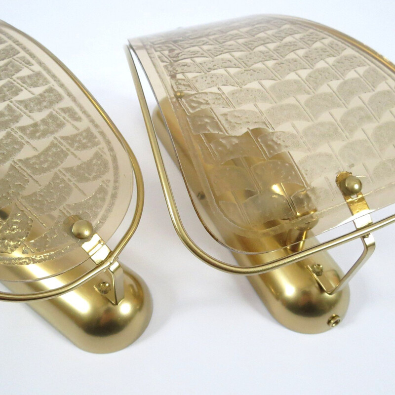 Pair of vintage gilded metal and smoked glass wall lights 1970s