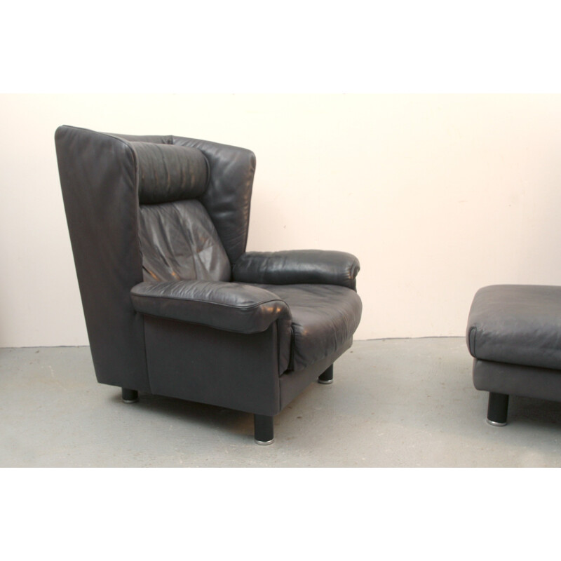 De Sede armchair and footrest in dark grey leather, Franz-Josef SCHULTE - 1970s