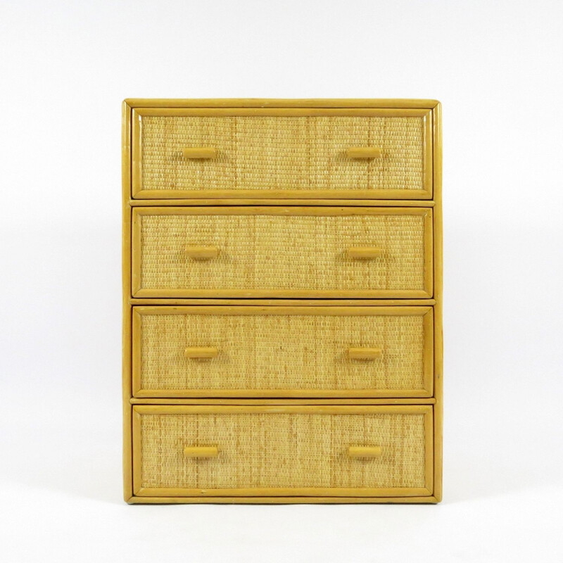 Vintage bamboo and rattan vintage chest of drawers, Dutch 1970s