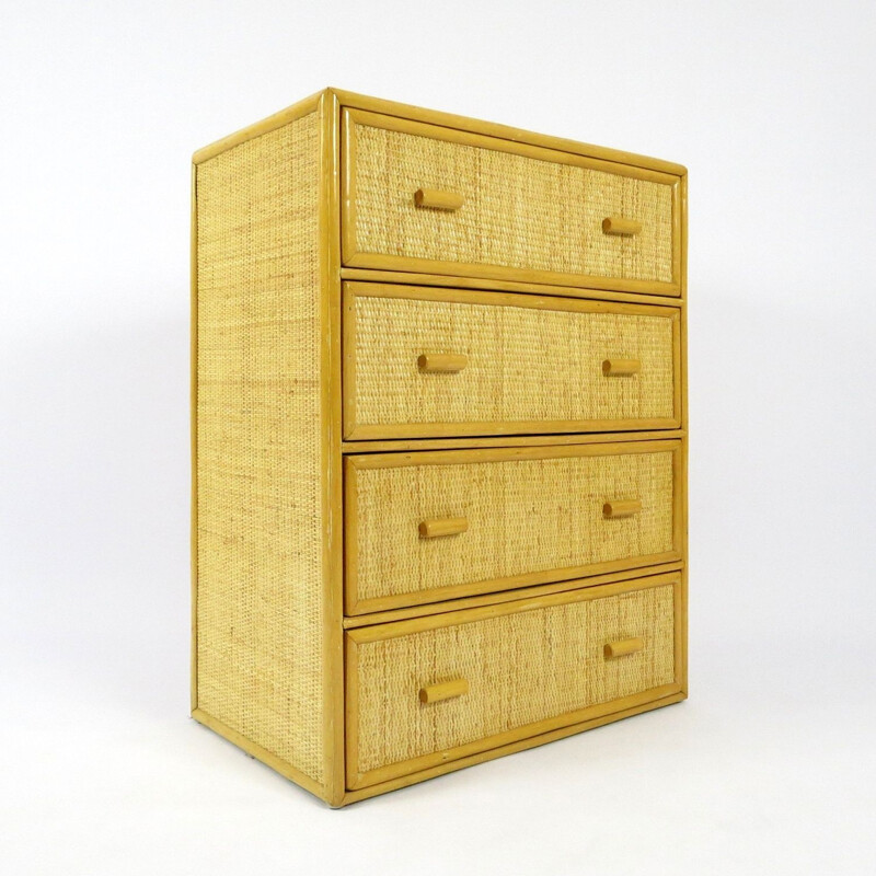 Vintage bamboo and rattan vintage chest of drawers, Dutch 1970s