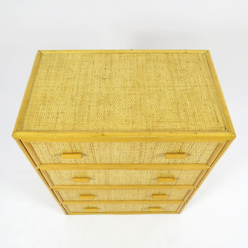 Vintage bamboo and rattan vintage chest of drawers, Dutch 1970s