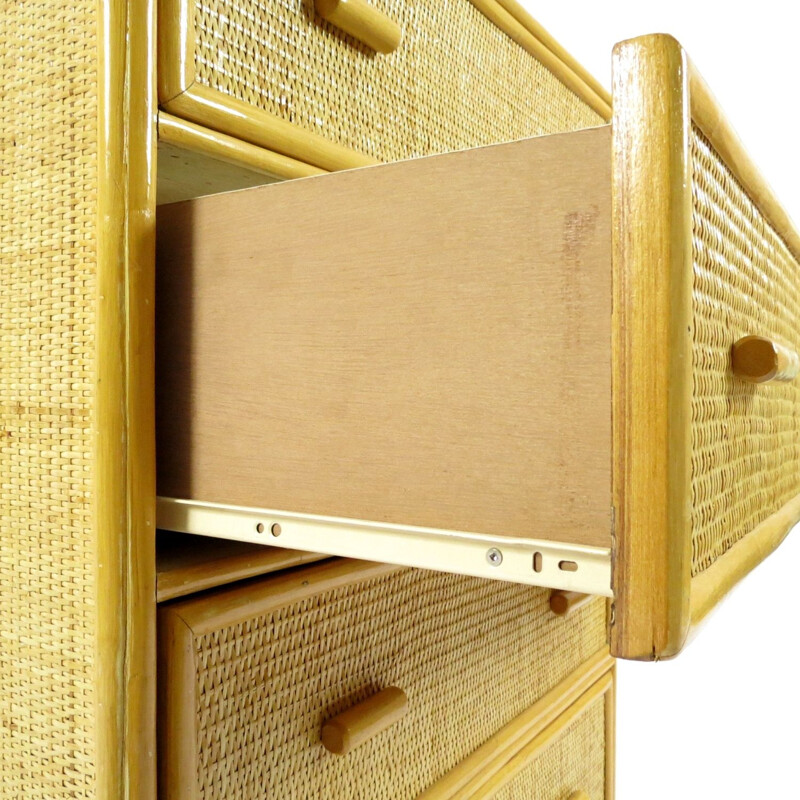 Vintage bamboo and rattan vintage chest of drawers, Dutch 1970s