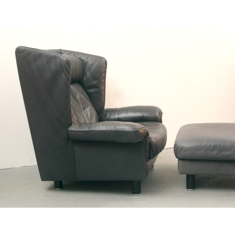 De Sede armchair and footrest in dark grey leather, Franz-Josef SCHULTE - 1970s