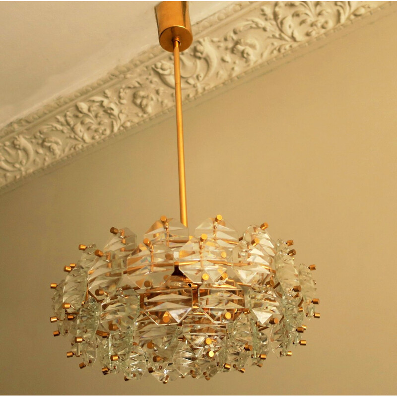 Vintage Kinkeldey Gold Plated Brass & Faceted Glass Chandelier 1960s