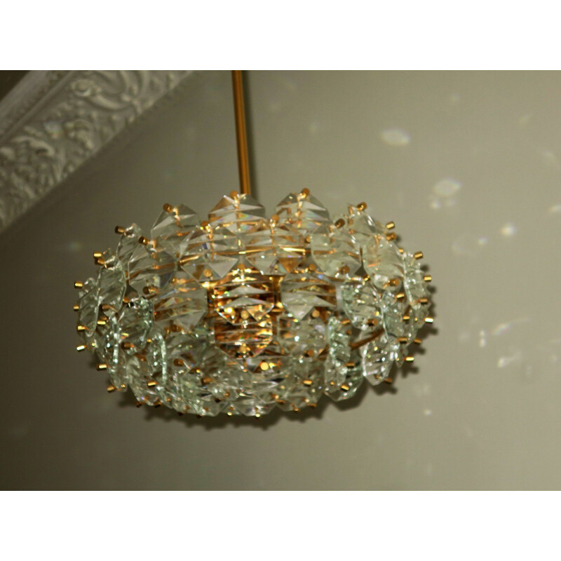 Vintage Kinkeldey Gold Plated Brass & Faceted Glass Chandelier 1960s