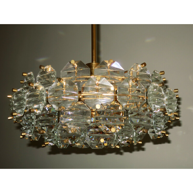 Vintage Kinkeldey Gold Plated Brass & Faceted Glass Chandelier 1960s