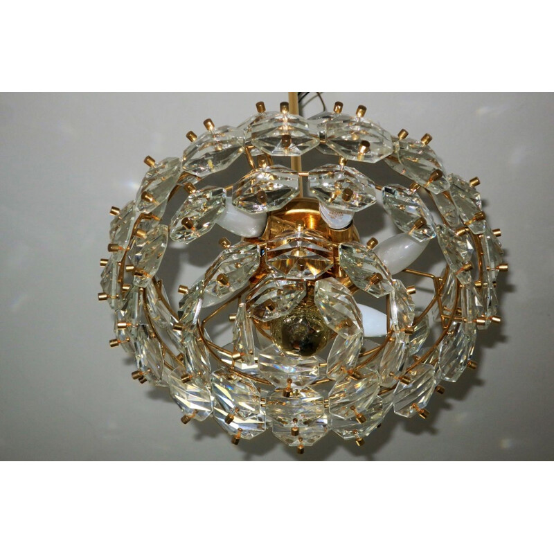 Vintage Kinkeldey Gold Plated Brass & Faceted Glass Chandelier 1960s