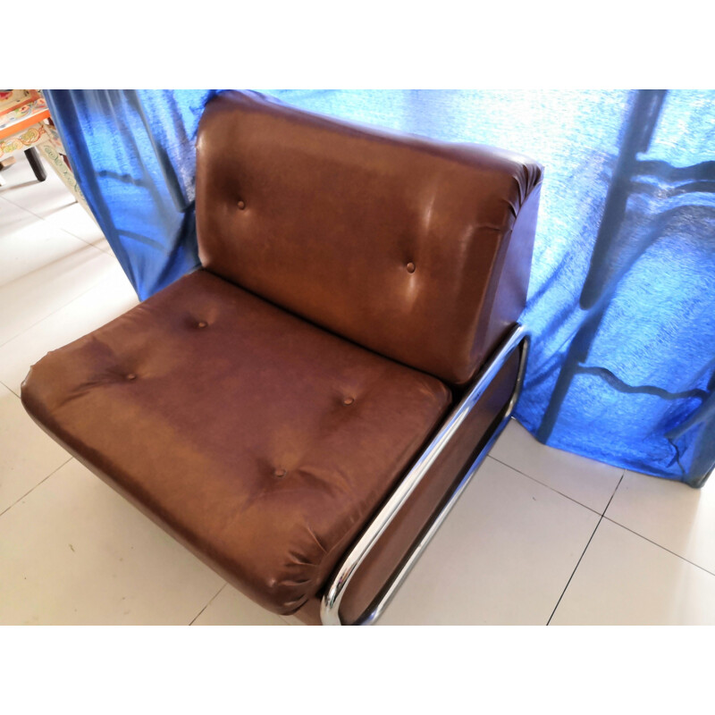 Vintage Brown leather convertible armchair 1970s