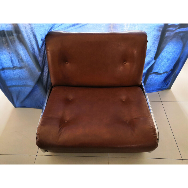 Fauteuil vintage convertible en cuir marron 1970