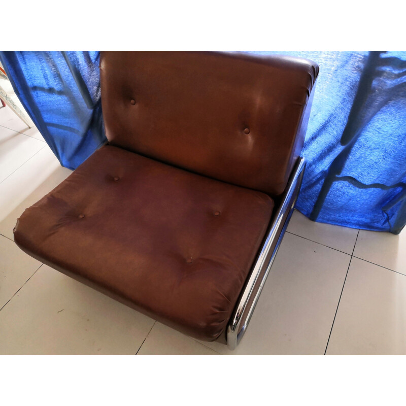 Vintage Brown leather convertible armchair 1970s