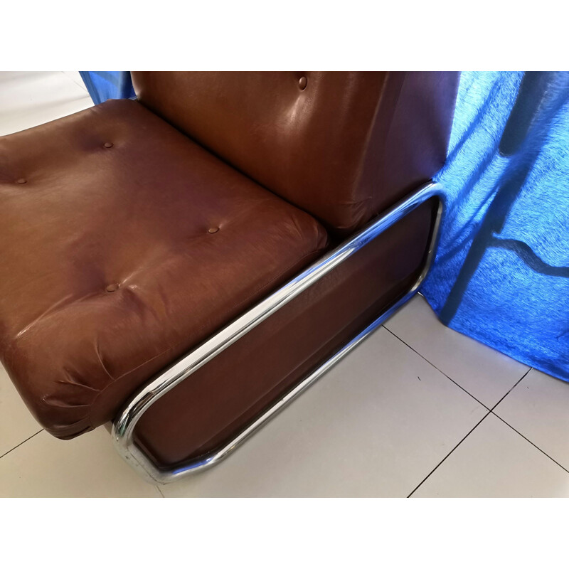 Vintage Brown leather convertible armchair 1970s